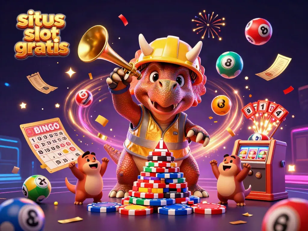 Engage in situs slot gratis excitement with a dazzling 3D dinosaur casino celebration scene.