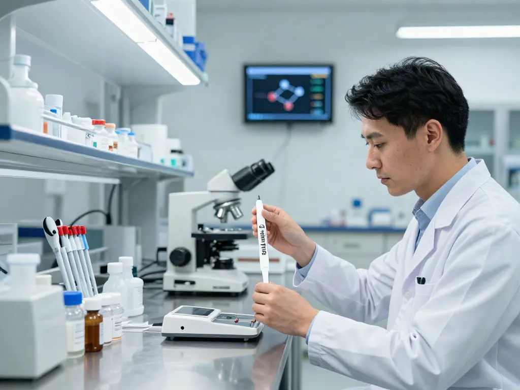Researcher measuring Semax 10mg peptide in a lab, showcasing precision and scientific inquiry.