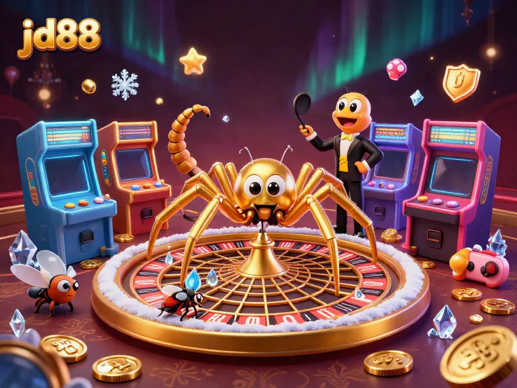 Engage with jd88's thrilling gaming experience at a radiant online casino scene featuring vibrant characters.