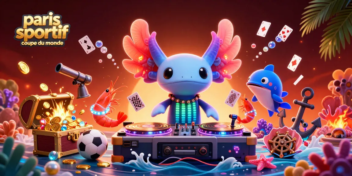 Pariez sur la coupe du monde avec des personnages animés, y compris un DJ axolotl, un poisson battant un rythme et des éléments sportifs.