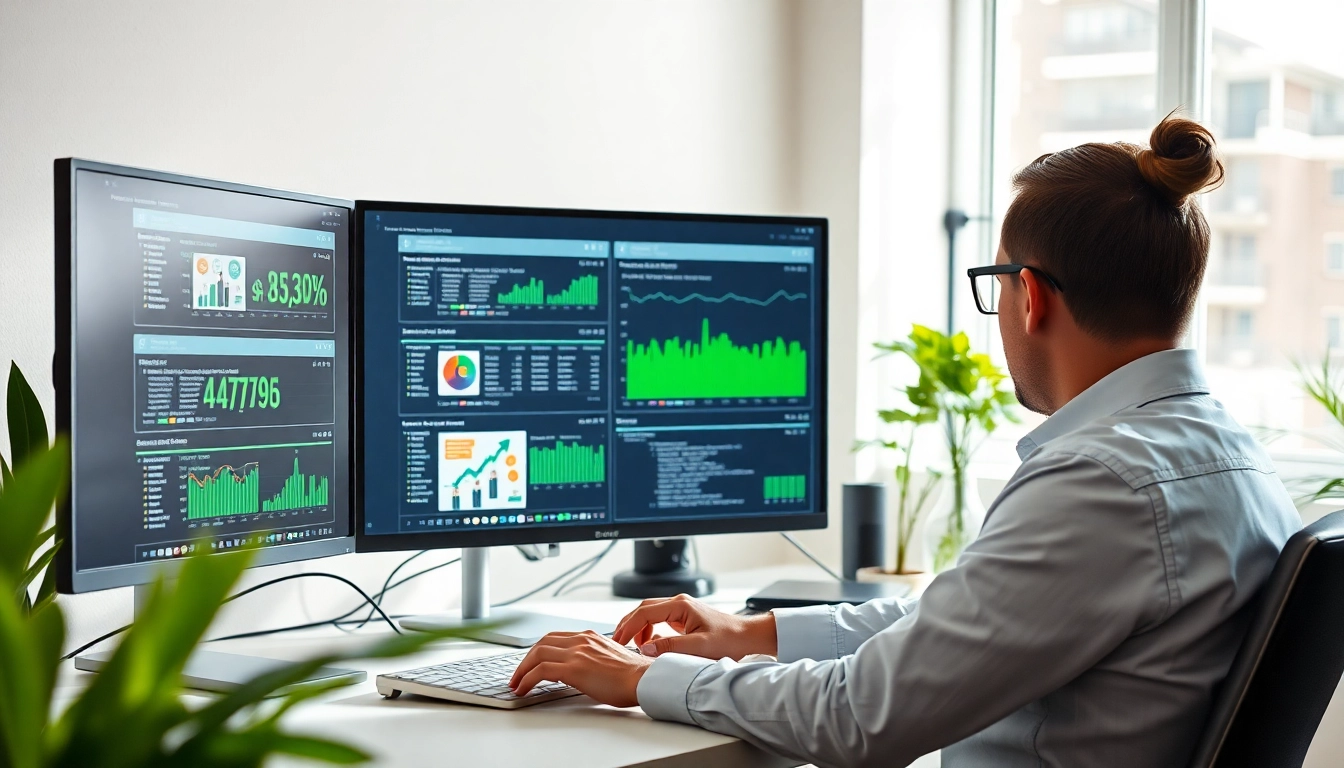 Hire Shopify developer working diligently in a modern office space with dual monitors.