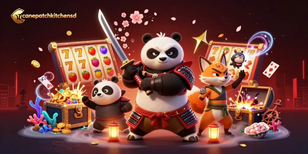 Experience thrilling gameplay with canepatchkitchensd and vibrant slot symbols in a dynamic casino scene.