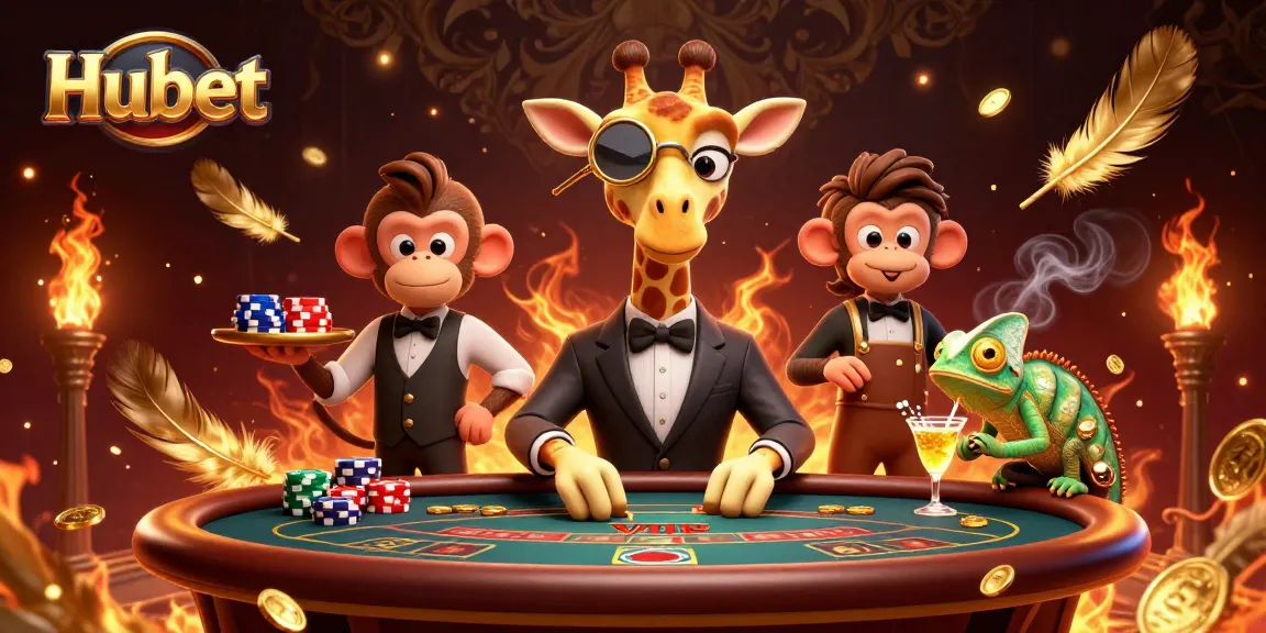 Experience thrilling gaming at Hubet with a giraffe, monkey, and chameleon in a vibrant casino scene.