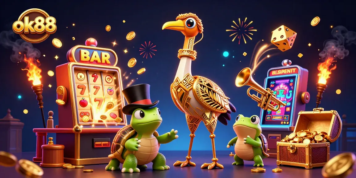 Win big with ok88's vibrant casino scene featuring lively characters and jackpot elements.