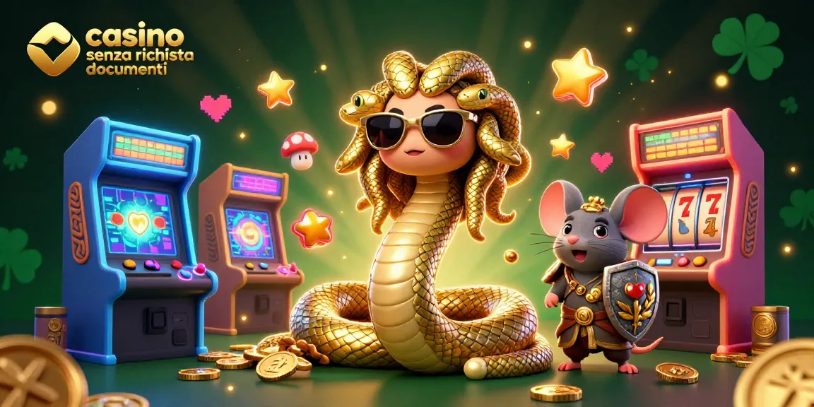 Gioca al casino senza richiesta documenti con Medusa e un topo guerriero in un'illustrazione vivace.