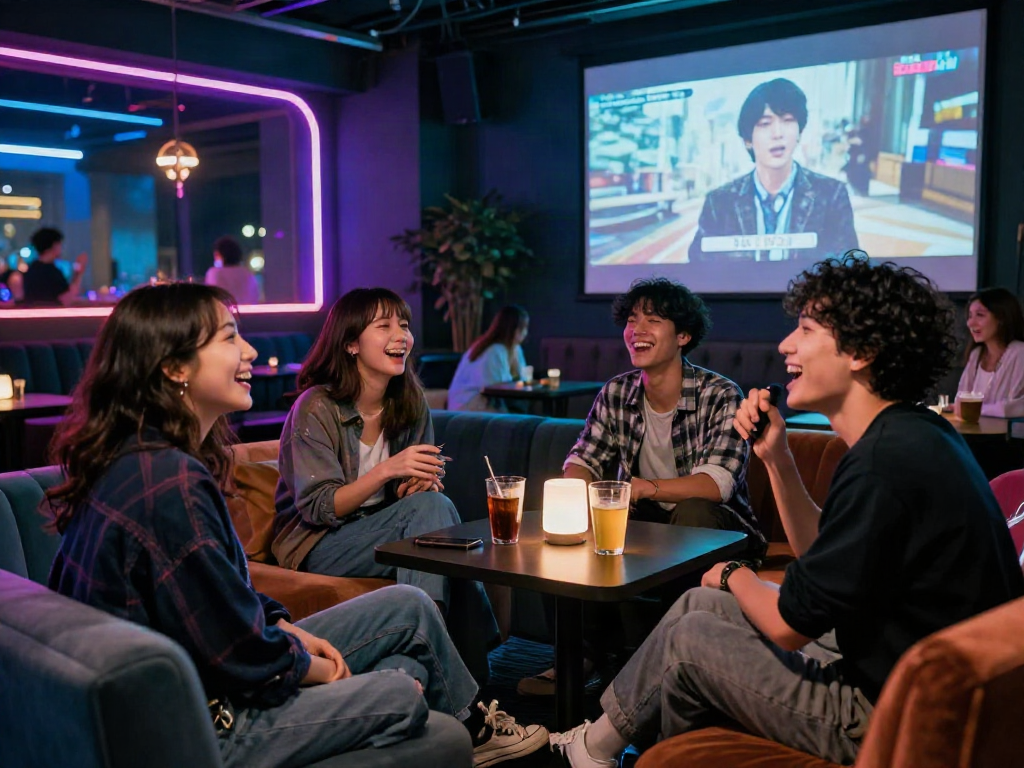 在时尚酒吧聚会中，年轻人们观看日本AV影片，气氛轻松愉快。