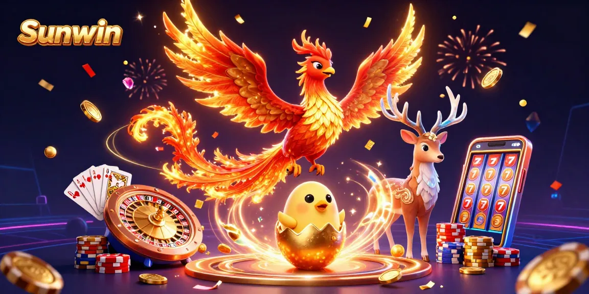Experience thrilling gameplay with Sunwin through a vibrant 3D scene featuring phoenixes and casino elements.