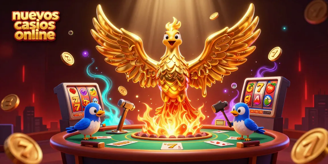 Juega en nuevos casinos online mientras un fénix dorado emerge y monedas caen del cielo.