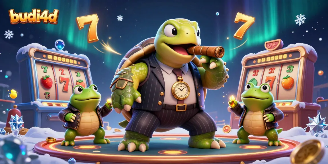 Budi4d showcases a lively casino scene with a snapping turtle in a mobster suit and bullfrog enforcers amidst slot machines, highlighting exciting games.