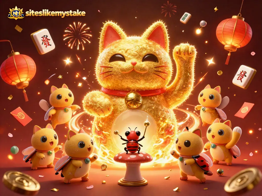 Discover thrilling chances at siteslikemystake with golden lucky cat amid vibrant casino symbols!