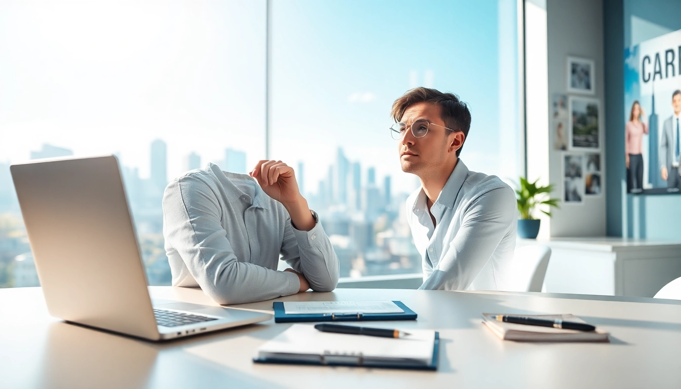 Individual reflecting on their Ideal Career at a modern desk with urban backdrop.
