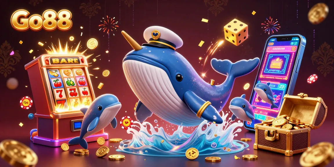 Go88 brings excitement to the gaming world with a 3D whale, dolphins, and coins in a vibrant casino adventure.