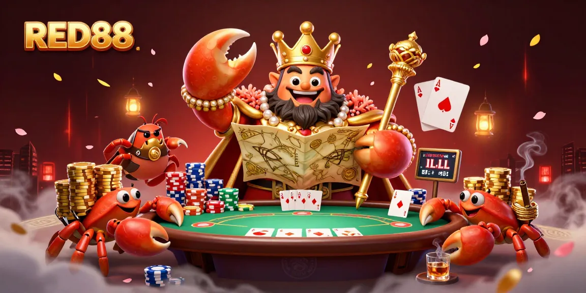 Experience thrilling poker action with the RED88 golden crab emperor and treasure-filled scene.