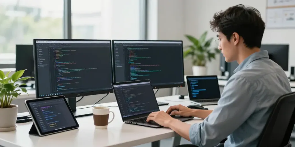 AI text generation software in use by a software developer in a modern office.