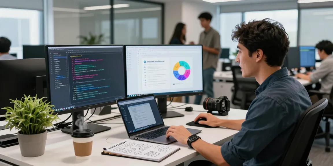 Build internal tools with AI: Developer creating business solutions in a modern workspace.