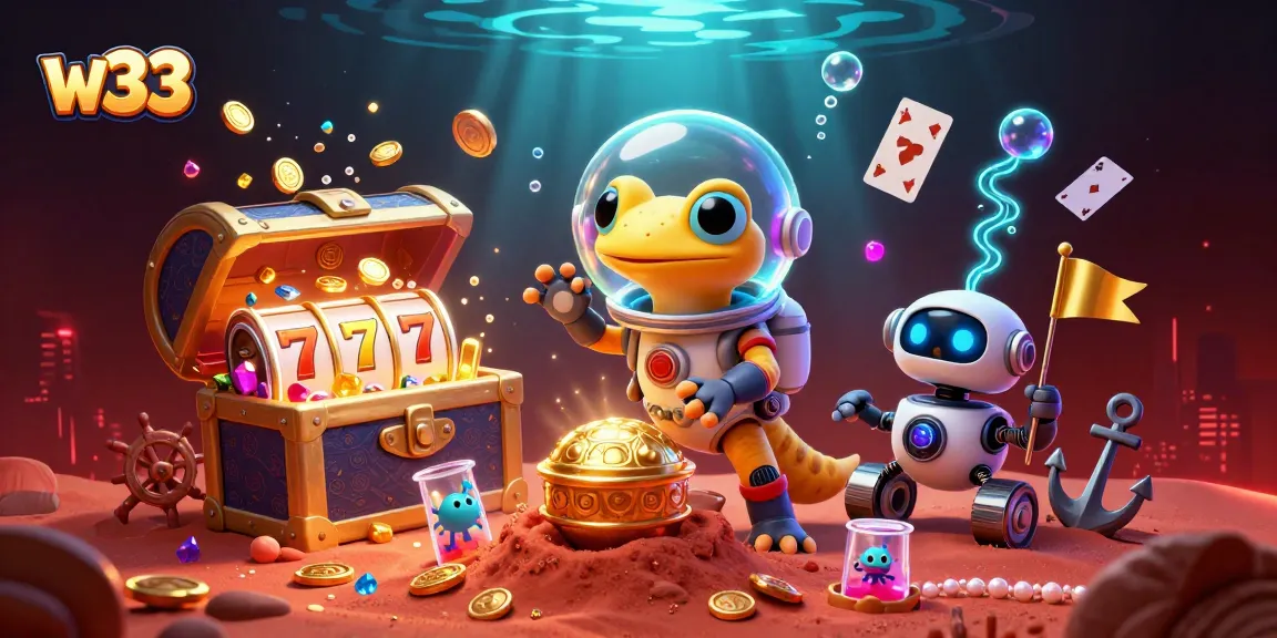 Experience thrilling w33 pokies with a Martian gecko and vibrant casino treasures in a dynamic 3D scene.