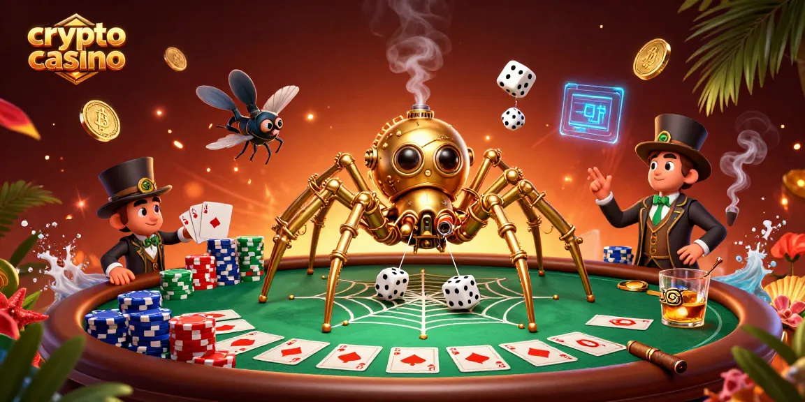 Juego de cartas en un crypto casino, con una araña steampunk y un caballero atrapado, rodeados de fichas.