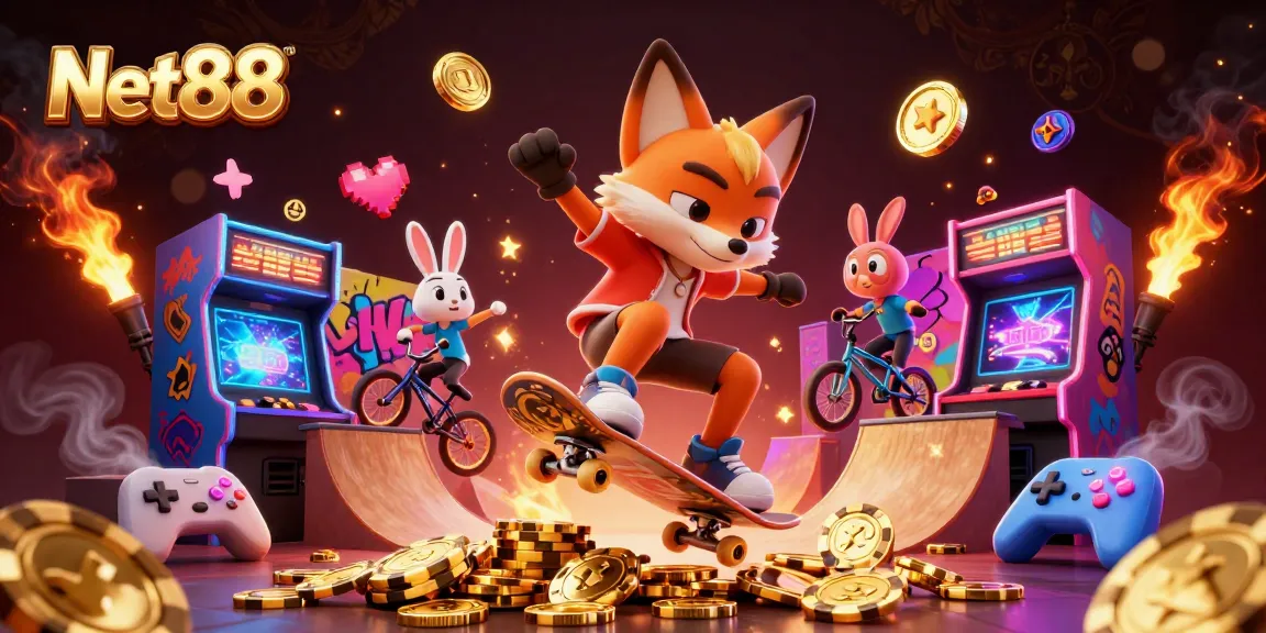 Engage with Net88 as a fox performs a kickflip over golden poker chips in a vibrant 3D casino scene.