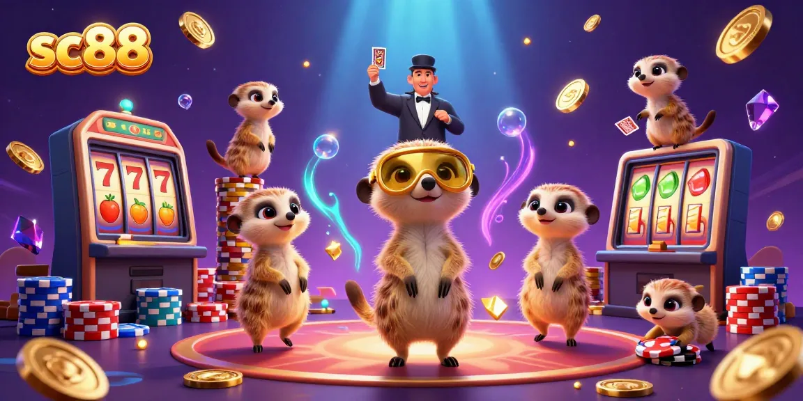 sc88 meerkats celebrate a winning slots jackpot amidst colorful casino elements