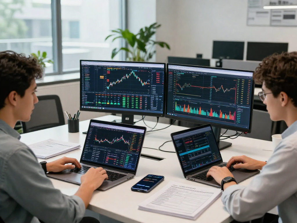 Developers analyzing HK quant trading stock API data in a modern finance workspace with real-time stock visuals and collaborative atmosphere.