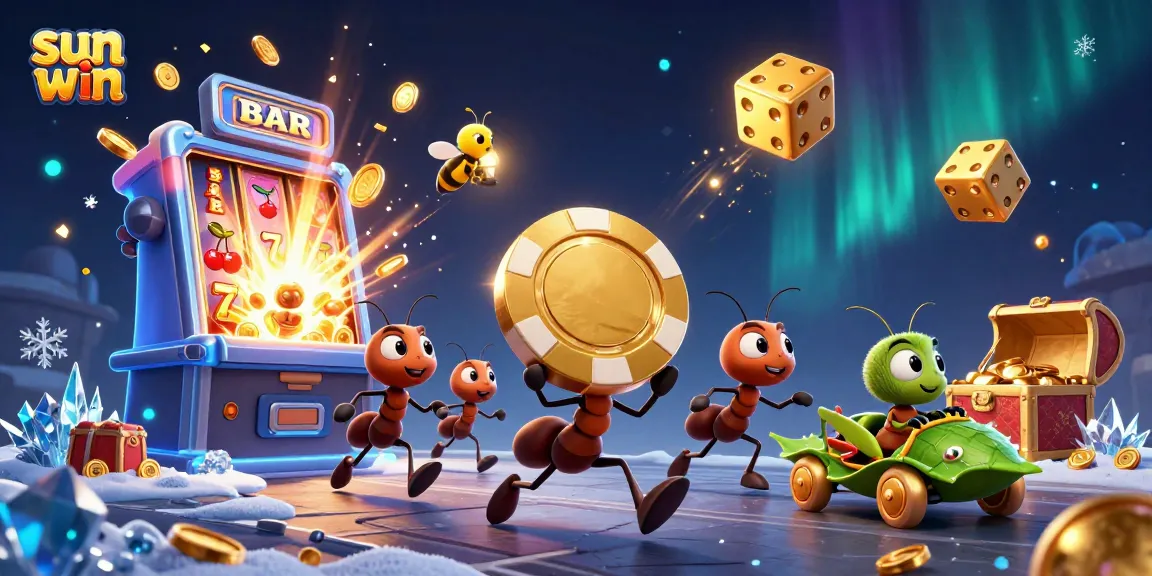 Experience the excitement of sun win with ants on a heist taking a massive golden poker chip.