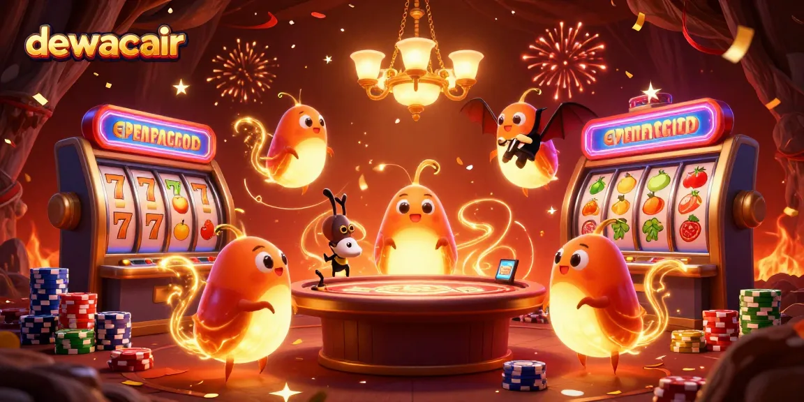 Dewacair's vibrant illustration of glowworms lighting a casino with slot reels and fruit symbols.