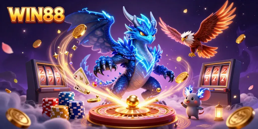 Spin to win at WIN88 with a thrilling dragon, hawk, and thunder mouse in a dynamic casino scene.