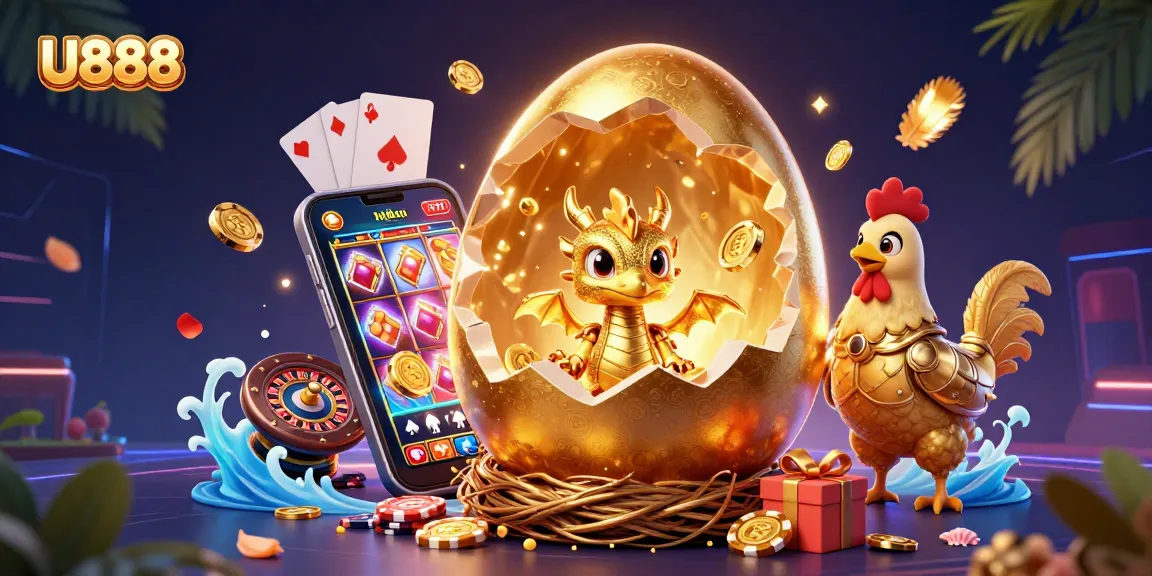 Engage with U888's vibrant gaming universe featuring a golden dragon, poker chips, and immersive casino elements.