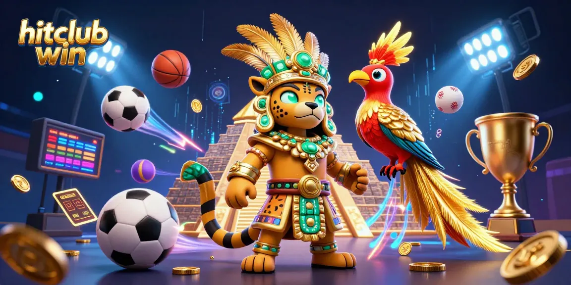 Experience thrilling wins at hitclub win with dynamic casino graphics featuring sports elements and vibrant colors.