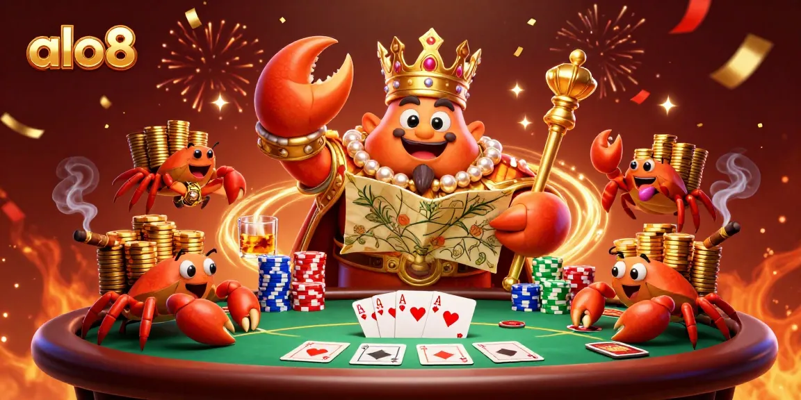 Bet on exciting games with alo8, featuring a grand golden crab emperor at a vibrant poker scene.