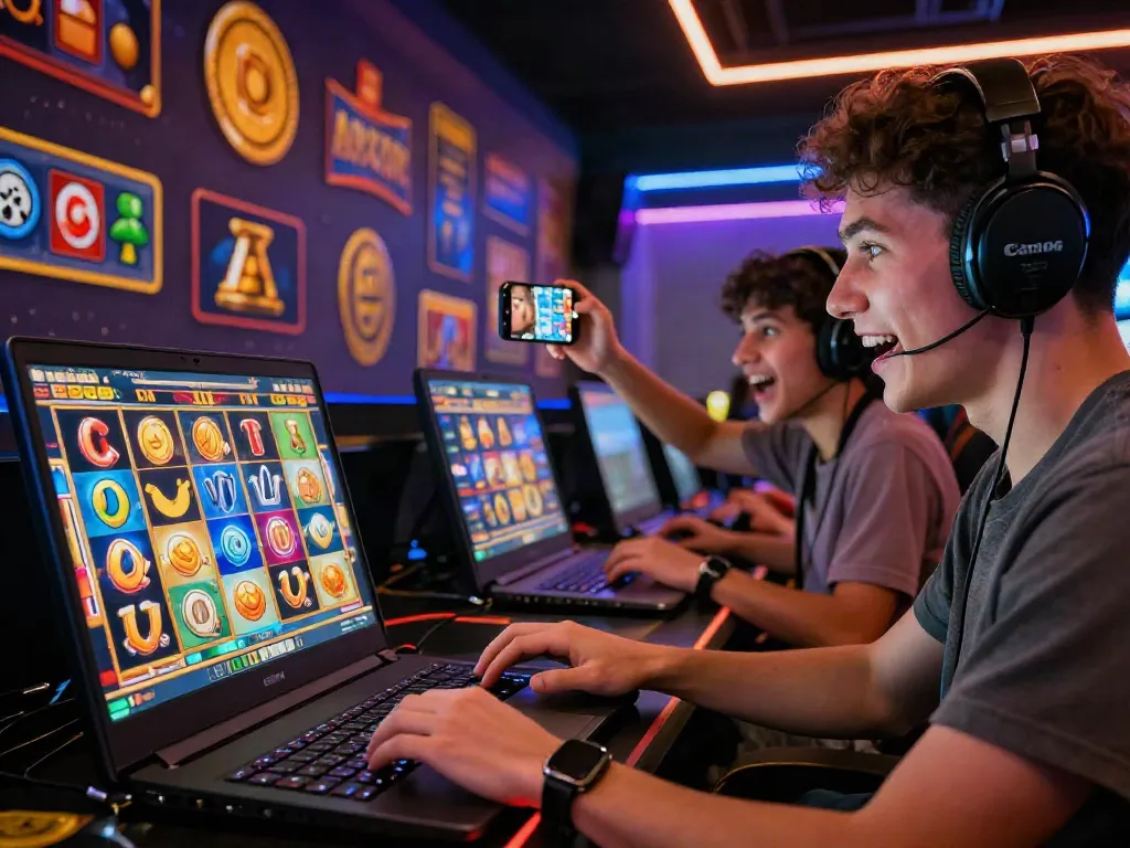 Players engaged in slot online gaming at a digital casino bringing excitement and colors to life.
