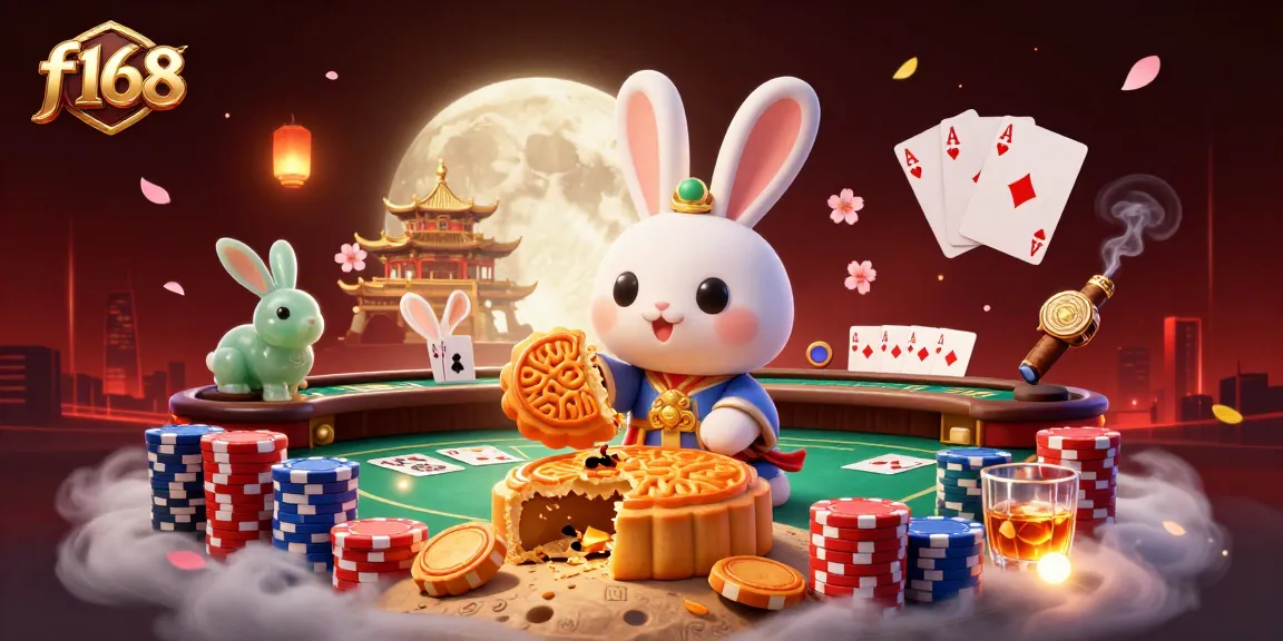 f168 brings exciting gameplay alive with a moon rabbit cracking poker chips from mooncakes in this vibrant illustration.