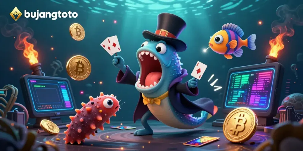 Experience the magic of bujangtoto as a glowing gulper eel performs card tricks amidst vibrant crypto elements.