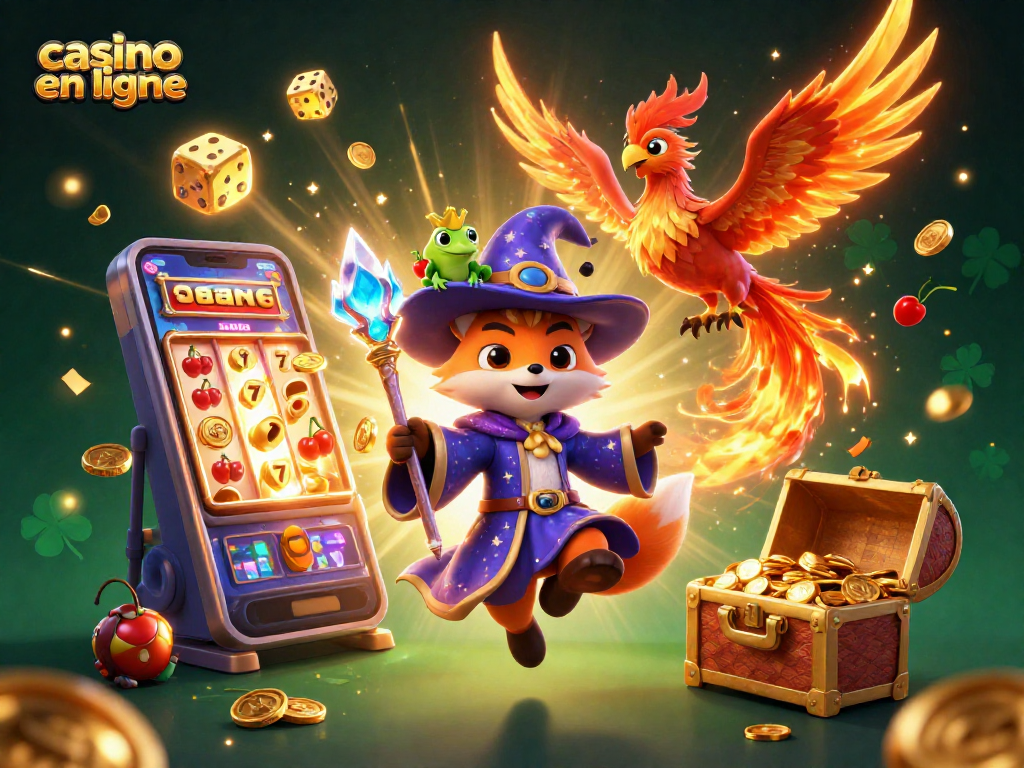 Jouez dans un casino en ligne captivant avec un renard sorcier, un phénix et une grenouille enchantée entourés de machines à sous.
