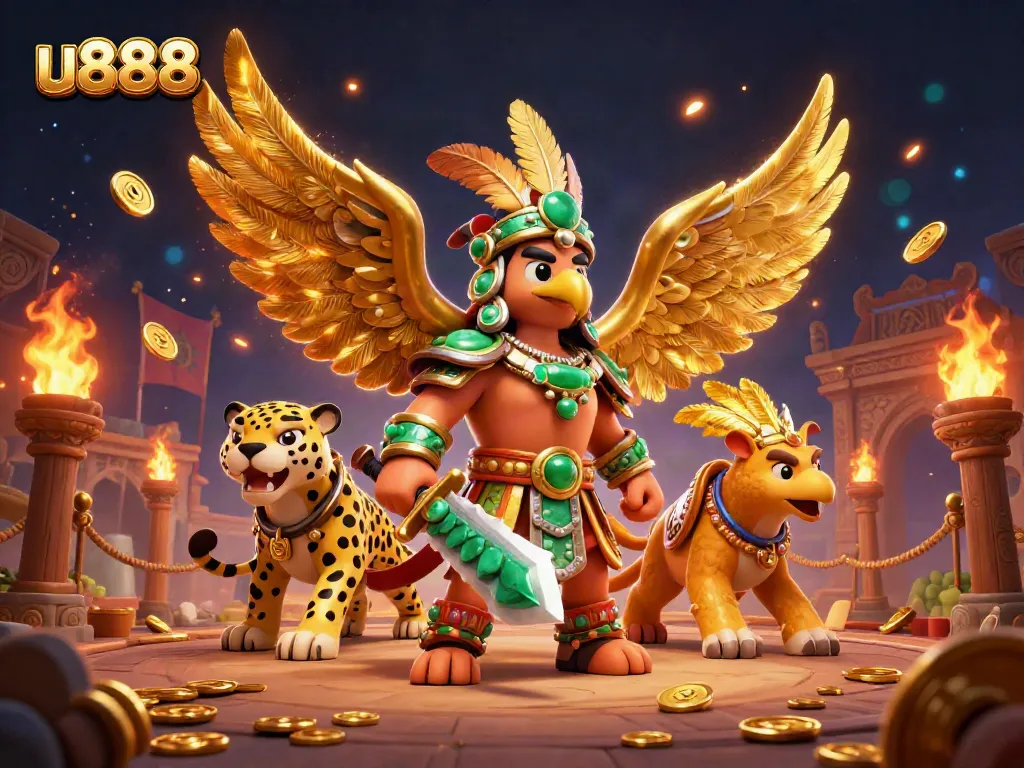Experience thrilling slots with u888 at a vibrant Aztec-themed casino illustration.