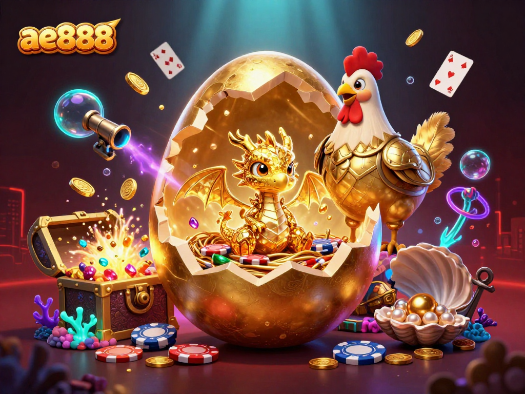 Bet on ae888 with a golden dragon among poker chips in an adventurous casino scene.