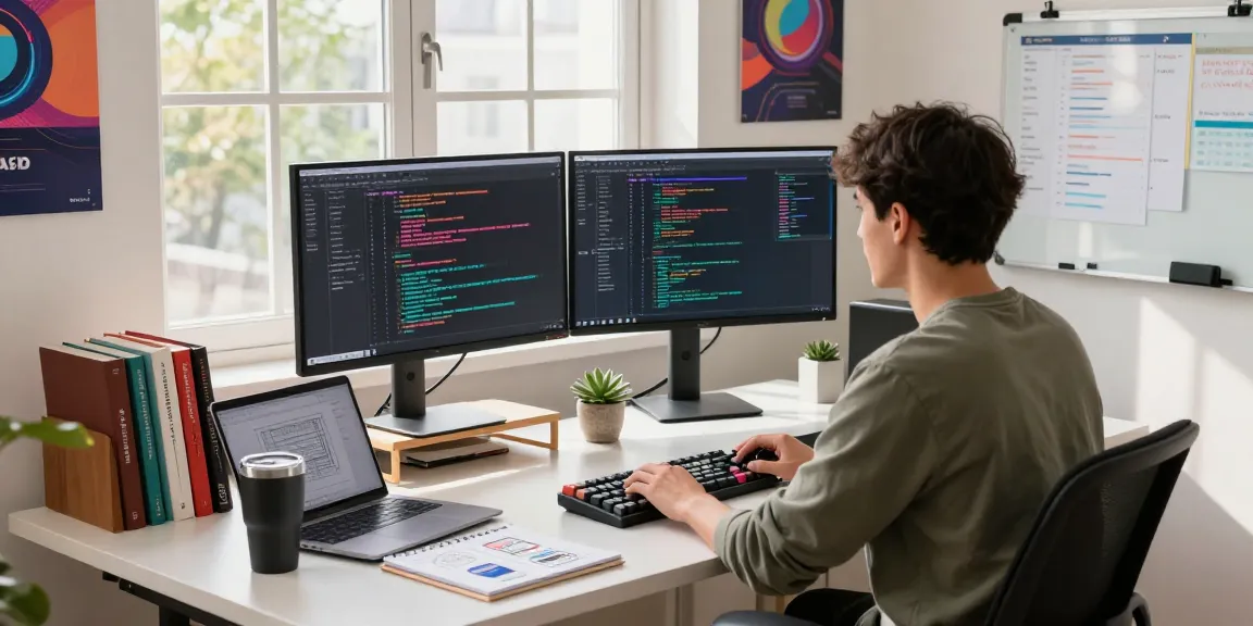 Programmer engaged in coding at a modern workspace, showcasing bdtjl technology tools and a vibrant development environment.