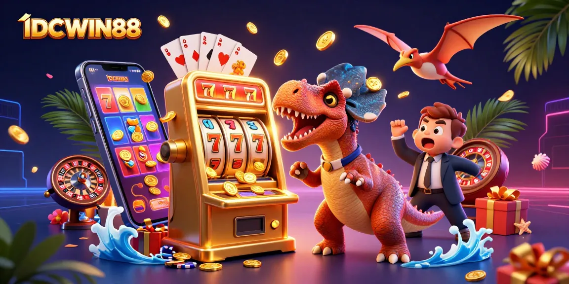 Spin to win at IDCWIN88 with a dinosaur celebrating jackpot coins and a lively casino scene.
