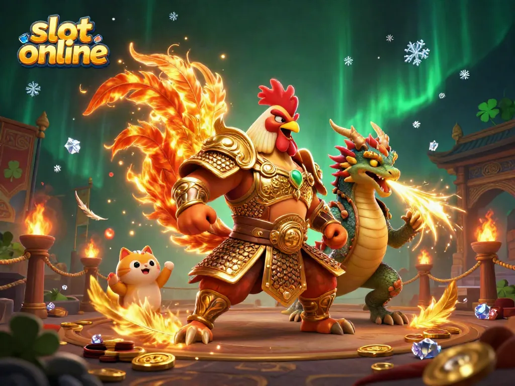 Experience thrilling slot online action with stunning visuals of a fighting rooster and armored dragon.