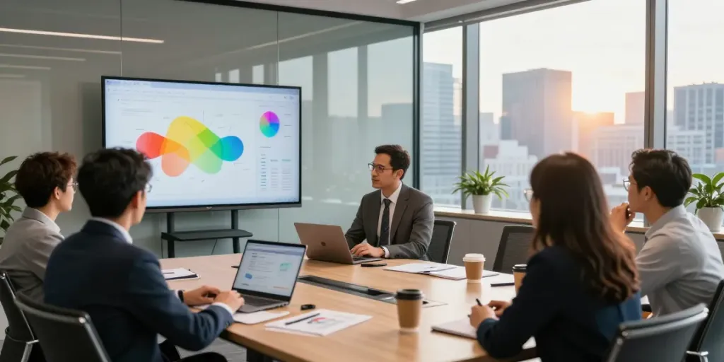 Michael Rustom Consultant leading a productive meeting in a modern office setting, showcasing collaboration and innovation.