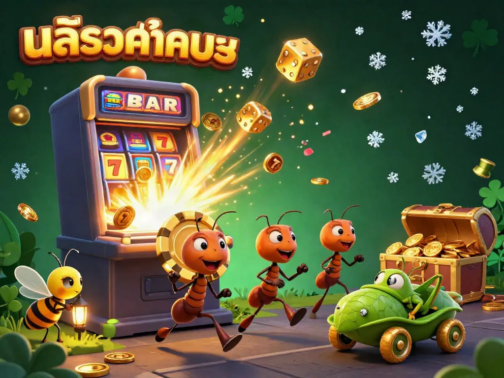 Engaging scene of สล็อตทดลอง ants heisting a giant poker chip amidst a vibrant casino backdrop.