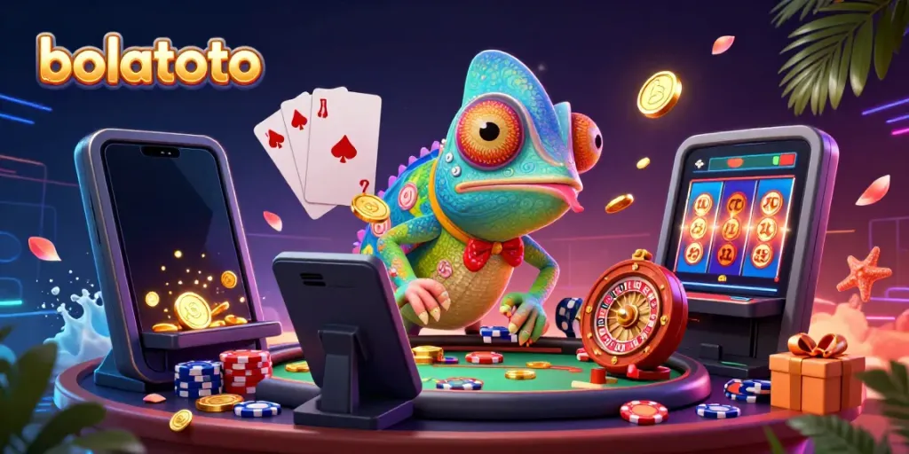 Engaging bolatoto gaming illustration showcasing a chameleon casino owner and colorful slot elements.