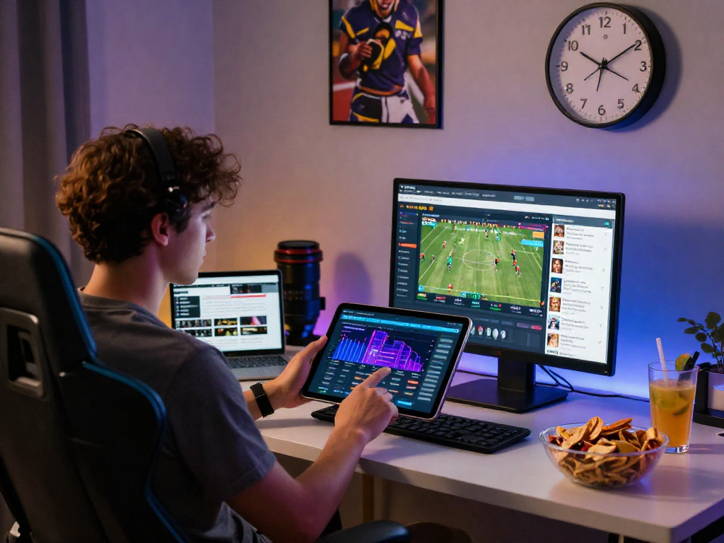 Bola88 sports betting interface displayed on a tablet amidst an engaging gaming setup.