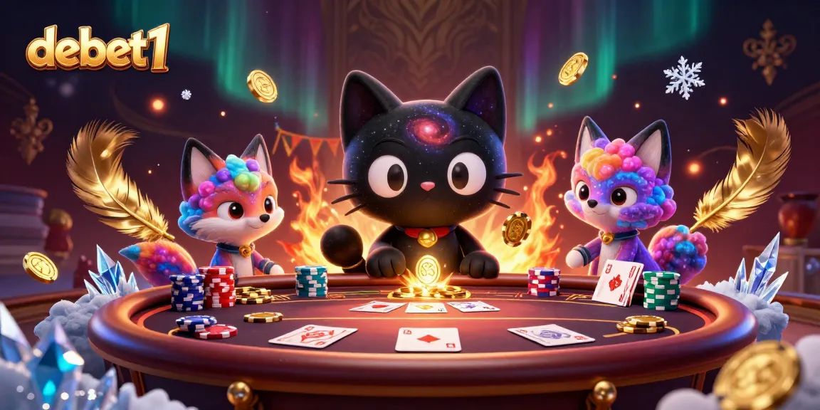 Experience the allure of debet1 as a cosmic black hole cat draws in chips and cards at a poker table.