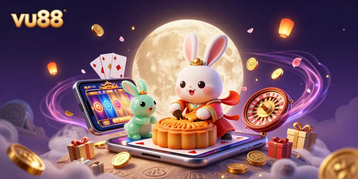 vu88 casino experience with a moon rabbit creating jackpot mooncakes and gaming elements surrounding.