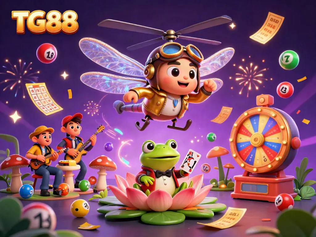 Engage in thrilling casino action with TG88 featuring a lively dragonfly pilot and card-dealing frog.