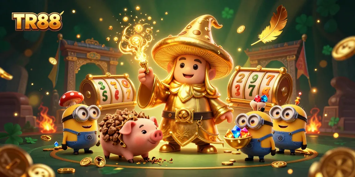 Experience the enchanting world of TR88 online gambling with a golden wizard creating wealth.