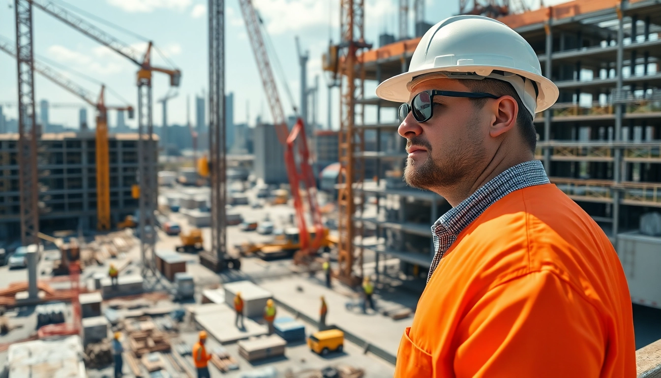 New Jersey Construction Manager supervising a busy construction site filled with cranes and workers.