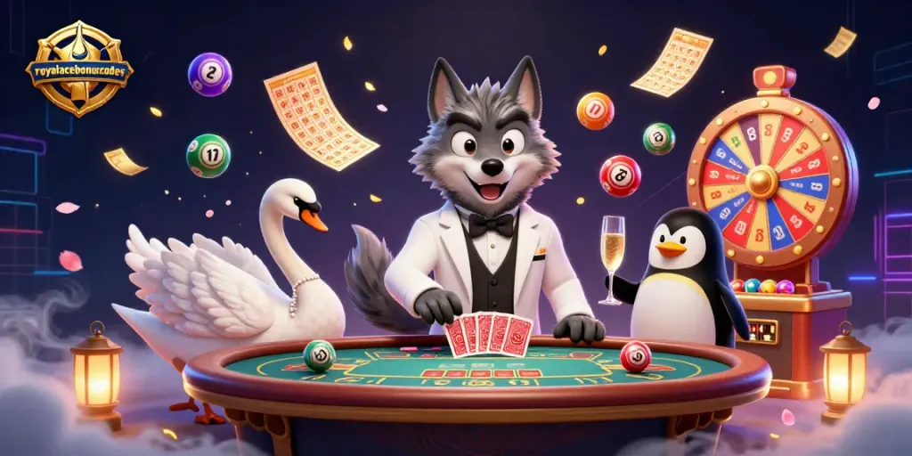 Experience royalacebonuscodes with a vibrant casino scene featuring a debonair wolf and lively elements.