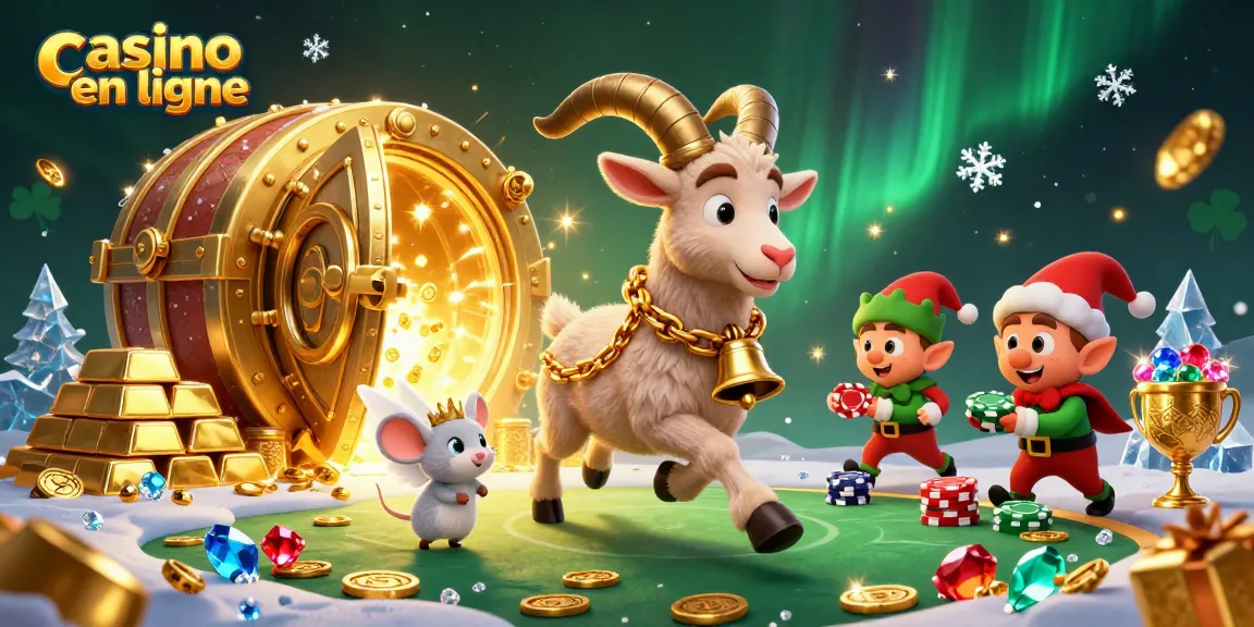 Jouer au casino en ligne avec des personnages animés dans une scène festive remplie de trésors.